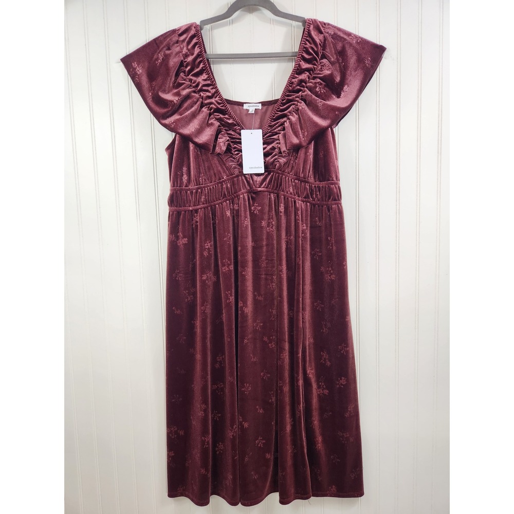 NEW Eyeshadow Velvet Floral Burnout Midi Dress Mauve Ruffle V-Neck 1X Whimsical